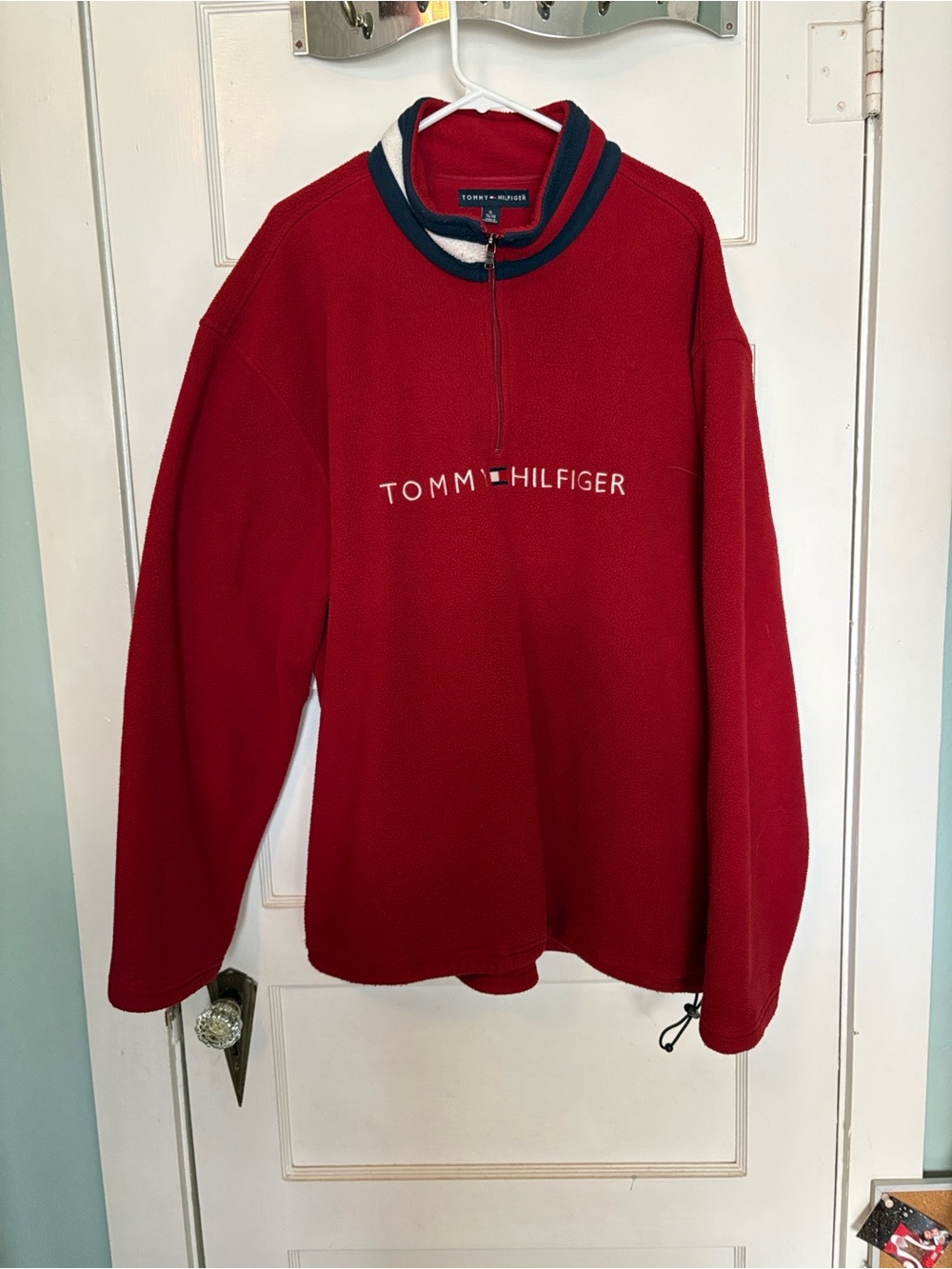Tommy Hilfiger Red 1/4 Zip Fleece Pullover with Contrast Collar Size XL